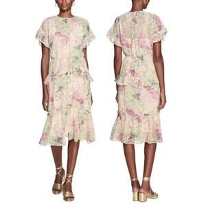 Marchesa Notte Lita Pink Multi Chiffon Ruffle Midi Dress Size 2 NEW $545